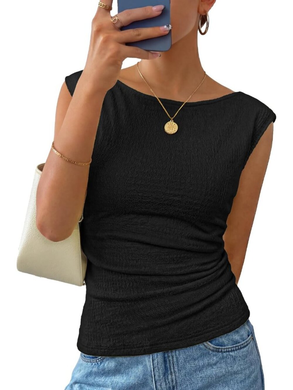 Women's Black Cap Sleeve Boat Neck Slim Fit Pull On Casual Summer Tank Tops